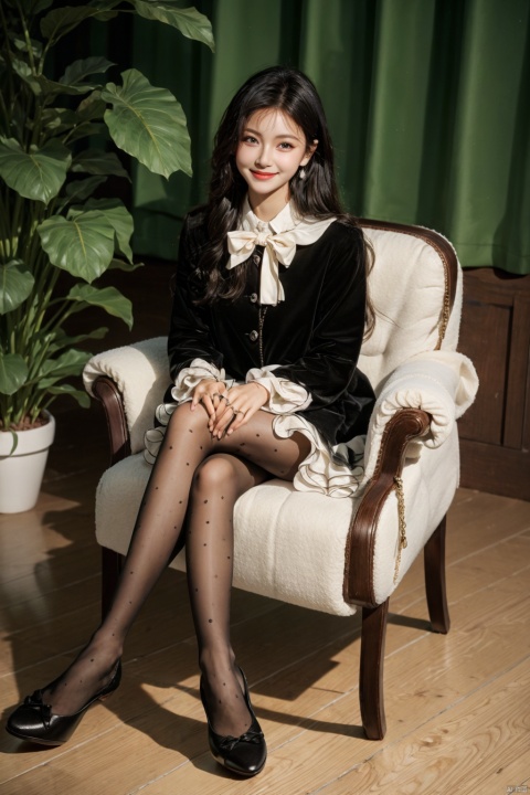  1girl, solo, pantyhose, green eyes,center frills, long hair, long sleeves, frills, bow, no shoes, sitting, hair between eyes,smile, chair, bangs, hair bow, looking at viewer, very long hair, closed mouth, blush,  on chair, sleeves past wrists, full body, indoors, feet, plant, puffy long sleeves, day, suspenders,pantyhose, backlight, (black dress), white skirt, pantyhose, cute girl,