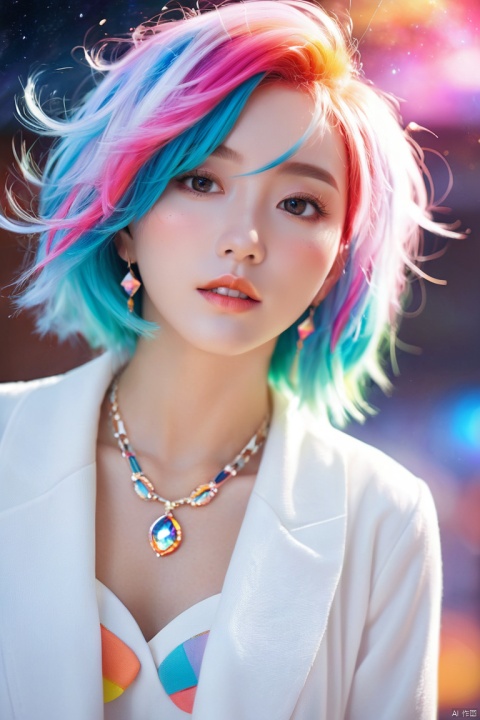 Close-up of a woman with colorful hair and necklace, anime girl with cosmic hair, Rossdraws' soft vibrancy, Gouviz-style artwork, fantasy art style, colorful], vibrant fantasy style, Rossdraws cartoon full of energy, cosmic and colorful, Guweiz, colorful digital fantasy art, stunning art style, beautiful anime style, white skin, night coat,

