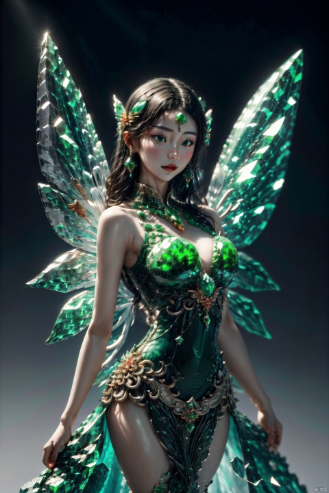  1girl, dance, Fairy, crystal, jewels,black, wings,Crystal clear,All the Colours of the Rainbow, jade , jade sculpture , green gemstone, , crystal_dress , crystal , wings ,upper_body