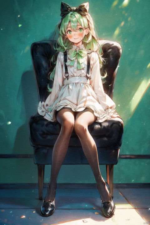  1girl, solo, pantyhose, green eyes, white pantyhose, center frills, long hair, long sleeves, frills, bow, no shoes, sitting, shirt, hair between eyes, skirt, white shirt, smile, chair, bangs, hair bow, looking at viewer, very long hair, closed mouth, blush, frilled skirt, on chair, sleeves past wrists, full body, indoors, black skirt, suspender skirt, green theme, green bow, white bow, feet, plant, white hair, puffy long sleeves, day, suspenders,pantyhose, backlight, (black dress), white skirt, pantyhose, cute girl,