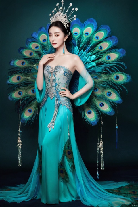 DRAWING WITH LIGHT,peacock queen.peacock goddess,full-body shot, a woman in a peacock costume with feathers, elegant cinematic fantasy art, ((a beautiful fantasy empress)), fan bingbing, jingna zhang, romance fantasy movie, queen of the sea mu yanling, rending on cgsociety, li bingbing, vibrant movie poster, inspired by Zhang Shuqi, fantasy movie still,