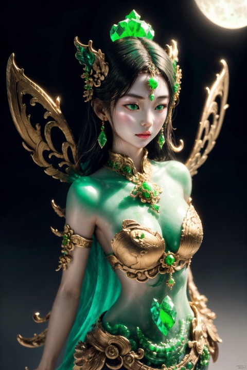  1girl, dance, Fairy, crystal, jewels,black, wings,Crystal clear,All the Colours of the Rainbow, jade , jade sculpture , green gemstone, , Light master,moon,upper_body, Light master