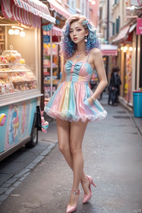  1girl, solo, long hair, looking at viewer, blue eyes, hair ornament, dress, bow, bare shoulders, jewelry, blue hair, (full body:1.3), pink hair, heart, multicolored hair, earrings, parted lips, artist name, necklace, lips, wavy hair, pink dress, freckles, curly hair, pearl necklace,candy, makeup, multicolored hair,lollipop,long legs,high heels,white panyhose