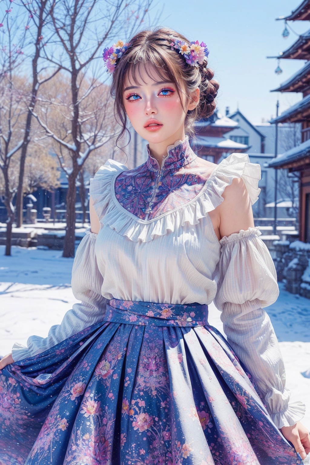  anime,(masterpiece, top quality, best quality, official art, beautiful and aesthetic:1.2),(1girl),upper body,extreme detailed,(fractal art:1.3),colorful,flowers,highest detailed,1 girl,glowing,skirt tied over head,shirt,winter,snow