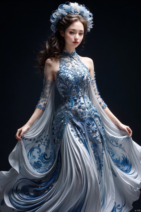  (masterpiece),((best quality)),(Ultra Detailed),(Perfect body))),1 girl,(china dress:1.3),long hair,Bare shoulders,Little Smile,Perfect hands,Rich details,Perfect image quality,wide shot,black background,
, tianqing, cute girl,huge dress, cute girl