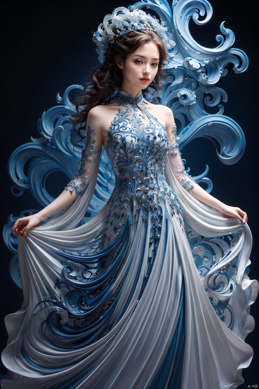  (masterpiece),((best quality)),(Ultra Detailed),(Perfect body))),1 girl,(china dress:1.3),long hair,Bare shoulders,Little Smile,Perfect hands,Rich details,Perfect image quality,wide shot,black background,
, tianqing, cute girl,huge dress, cute girl