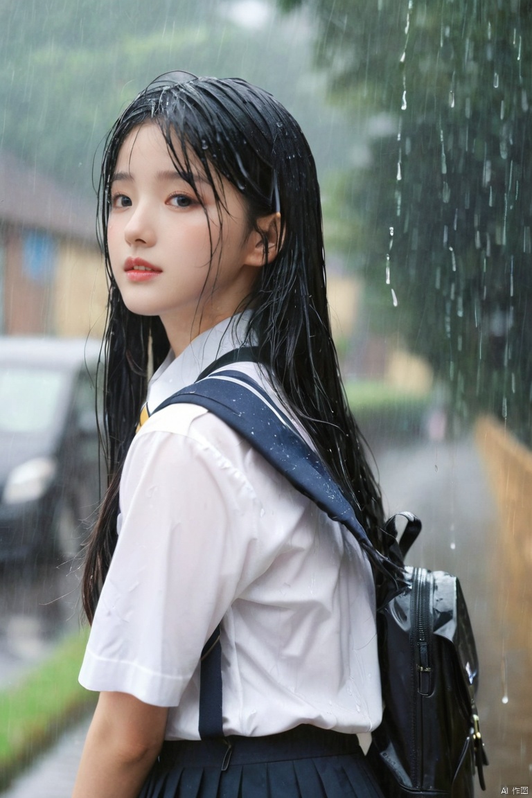 1girl, long black hair,schoolgirl uniform, shy, blush, wet, rain, transparent, (masterpiece, best quality), soft light, cinematic composition, cinematic light
