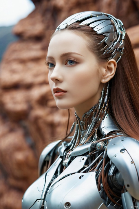 studio photo, beautiful robotic metal woman standing alone, strange fantasy image, odd glowing rocks, beautiful, detailed, long flowing hair, medium breasts, great skin texture
