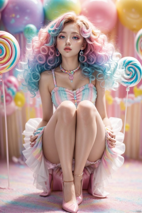  1girl, solo, long hair, looking at viewer, blue eyes, hair ornament, dress, bow, bare shoulders, jewelry, blue hair, (full body:1.3), pink hair, heart, multicolored hair, earrings, parted lips, artist name, necklace, lips, wavy hair, pink dress, freckles, curly hair, pearl necklace,candy, makeup, multicolored hair,lollipop,long legs,high heels,white panyhose