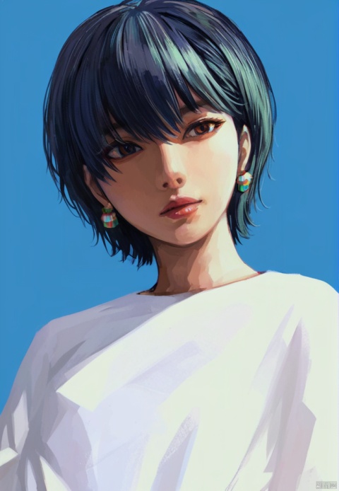  (best quality), ((masterpiece)), (highres), illustration, original, extremely detailed,solo, 1girl, earrings, jewelry, shirt, white shirt, short hair, blue background, black hair, simple background, looking at viewer, upper body, shadow, one eye covered, brown eyes, black eyes