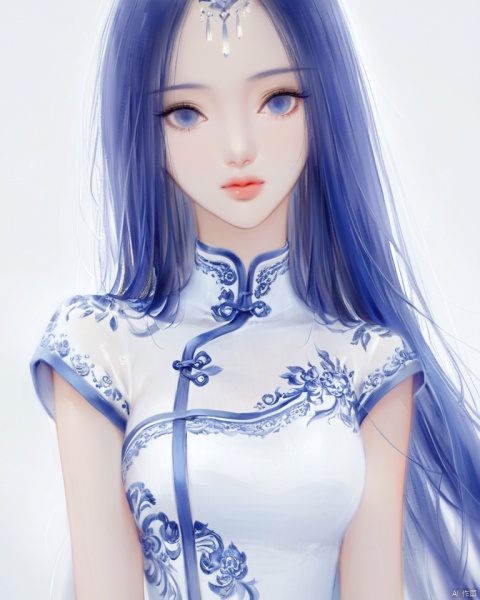  (best quality), ((masterpiece)), (highres), illustration, original, extremely detailed,1girl, solo, long hair, expressionless, looking at viewer, chinese clothes, blue eyes, dress, blue hair, closed mouth, white background, upper body, white dress