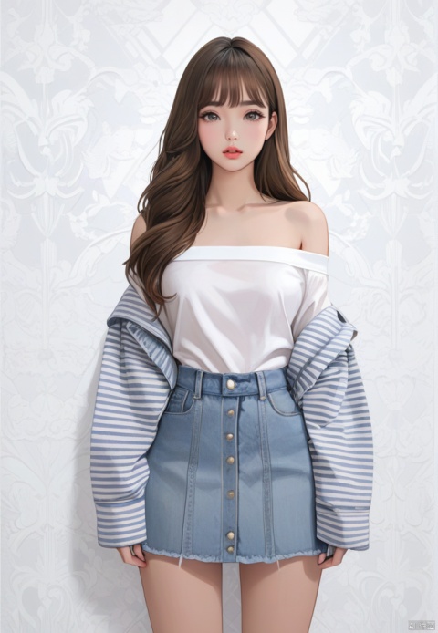 (best quality), ((masterpiece)), (highres), illustration, original, extremely detailed wallpaper.1girl, solo, skirt, brown hair, long hair, white background, shirt, denim skirt, simple background, striped, denim, bare shoulders, off shoulder, parted lips, long sleeves, cowboy shot, striped shirt, grey eyes, sleeves past wrists, bangs, standing, heart, lips, white shirt