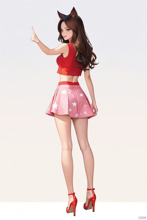 (best quality), ((masterpiece)), (highres), illustration, original, extremely detailed wallpaper.1girl, solo, skirt, high heels, long hair, white background, looking back, simple background, from behind, red footwear, midriff, smile, crop top, full body, looking at viewer, pink skirt, sleeveless, star \(symbol\), brown eyes, miniskirt, animal ears, standing, star print, brown hair, black hair, pointing