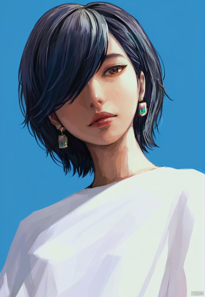  (best quality), ((masterpiece)), (highres), illustration, original, extremely detailed,solo, 1girl, earrings, jewelry, shirt, white shirt, short hair, blue background, black hair, simple background, looking at viewer, upper body, shadow, one eye covered, brown eyes, black eyes