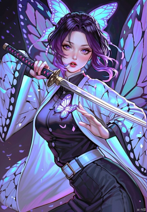  (best quality), ((masterpiece)), (highres), illustration, original, extremely detailed,1girl, kochou shinobu, demon slayer uniform, weapon, butterfly hair ornament, sword, solo, butterfly, haori, unsheathing, hair ornament, bug, japanese clothes, black hair, belt, katana, holding weapon, sheath, purple hair, holding, multicolored hair, holding sword, purple eyes, butterfly print, breasts, white belt, gradient hair, looking at viewer, artist name, parted bangs, short hair, long sleeves, lips, animal print