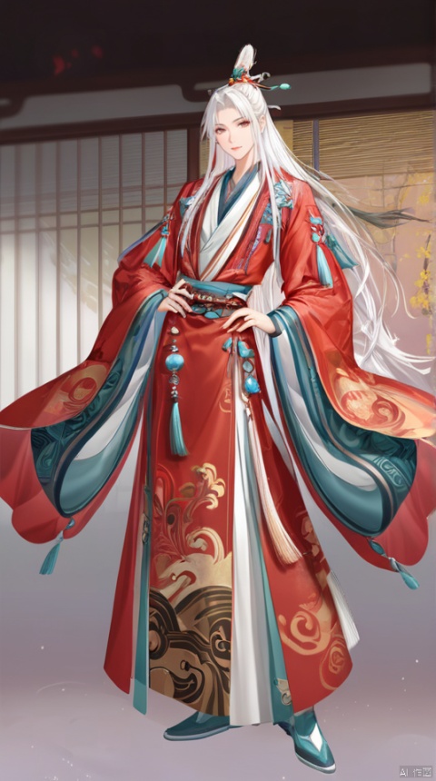  (best quality), ((masterpiece)), (highres), illustration, original, extremely detailed,yuan, 1boy, male focus, solo, long hair, full body, white background, red eyes, white hair, looking at viewer, chinese clothes, standing, simple background, hand on hip, long sleeves, wide sleeves, hair ornament
