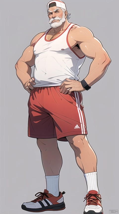 (best quality), ((masterpiece)), (highres), illustration, original, extremely detailed wallpaper.jjj, solo, 1boy, male focus, shorts, arm hair, muscular, bara, muscular male, mature male, facial hair, full body, chest hair, leg hair, hat, shoes, pectorals, tank top, old man, beard, white hair, hairy, thick eyebrows, old, wristband, hand on hip, white background, socks, short hair, backwards hat, bare shoulders, sneakers, bare arms, red shorts, standing, dirty, towel around neck, simple background, mustache, looking at viewer, large pectorals