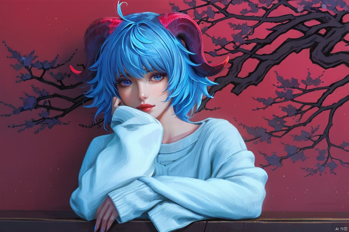  (best quality), ((masterpiece)), (highres), illustration, original, extremely detailed,lll, 1girl, horns, ganyu \(genshin impact\), blue hair, solo, ahoge, looking at viewer, sleeves past wrists, blue eyes, goat horns, short hair, bangs, lips, sweater, realistic, long sleeves