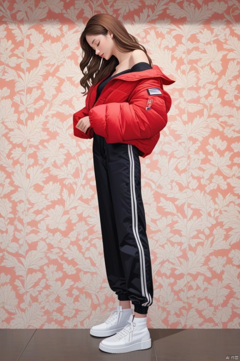(best quality), ((masterpiece)), (highres), illustration, original, extremely detailed wallpaper.1girl, solo, jacket, red jacket, long hair, pants, closed eyes, brown hair, off shoulder, white footwear, full body, shadow, black pants