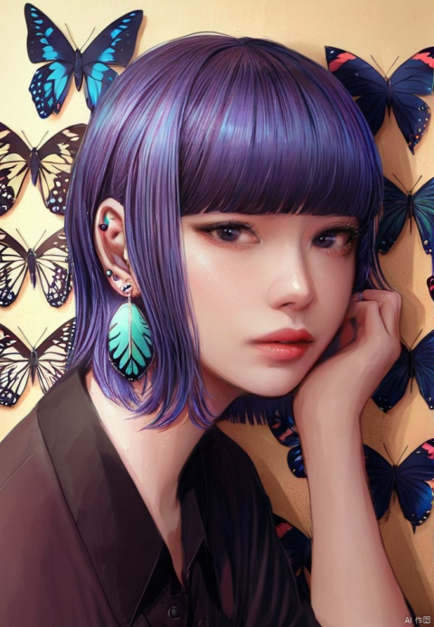  (best quality), ((masterpiece)), (highres), illustration, original, extremely detailed,1girl, solo, bug, butterfly, earrings, shirt, jewelry, looking at viewer, bangs, collared shirt, piercing, blunt bangs, ear piercing, short hair, black eyes, black shirt, hand up, upper body, head rest, lips