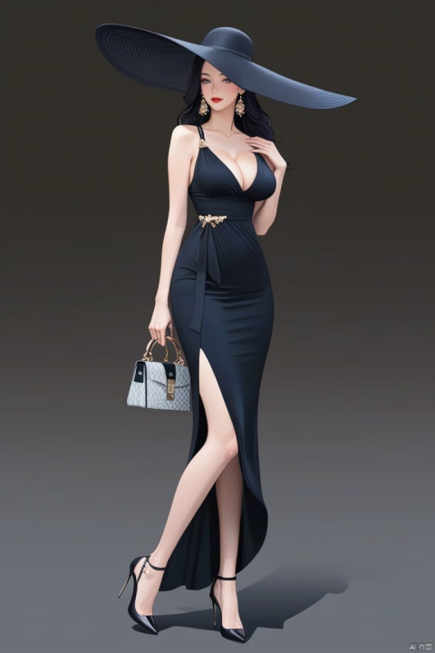 (best quality), ((masterpiece)), (highres), illustration, original, extremely detailed wallpaper.1girl, breasts, solo, hat, earrings, jewelry, black hair, handbag, dress, bag, cleavage, high heels, black dress, large breasts, sleeveless, long hair, full body, makeup, standing, lipstick, red lips, gradient background, gradient, sun hat, black headwear, looking at viewer, collarbone, bare shoulders, one eye covered, sleeveless dress, grey background