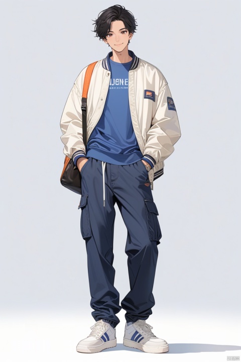  (best quality), ((masterpiece)), (highres), illustration, original, extremely detailed,jjj, 1boy, male focus, solo, black hair, shoes, white background, simple background, shirt, hands in pockets, full body, pants, white footwear, sneakers, standing, looking at viewer, brown eyes, blue shirt, jacket, short hair, smile, bag, white jacket, closed mouth