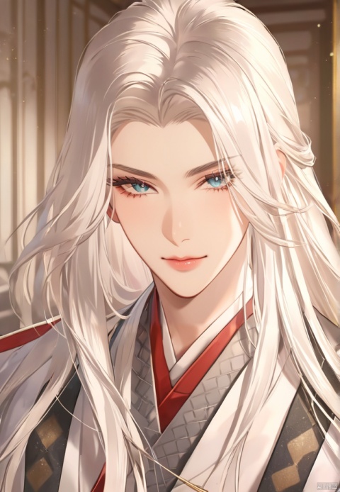  (best quality), ((masterpiece)), (highres), illustration, original, extremely detailed,yuan,1boy, male focus, solo, long hair, green eyes, white hair, bishounen, portrait