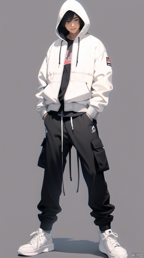 (best quality), ((masterpiece)), (highres), illustration, original, extremely detailed wallpaper.jjj, 1boy, male focus, solo, dark skin, black hair, shoes, hood, dark-skinned male, hands in pockets, sneakers, shirt, full body, white background, white footwear, pants, hood up, simple background, looking at viewer, white shirt, jacket, standing, smile, black eyes, hoodie, clothes around waist, short hair, white jacket