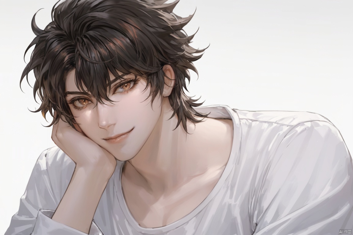  (best quality), ((masterpiece)), (highres), illustration, original, extremely detailed,male focus, 1boy, solo, shirt, black hair, short hair, looking at viewer, white shirt, white background, two-tone hair, long sleeves, simple background, smile, closed mouth, hand on own face, spiked hair, multicolored hair, brown eyes, upper body, head rest, hair between eyes, bangs