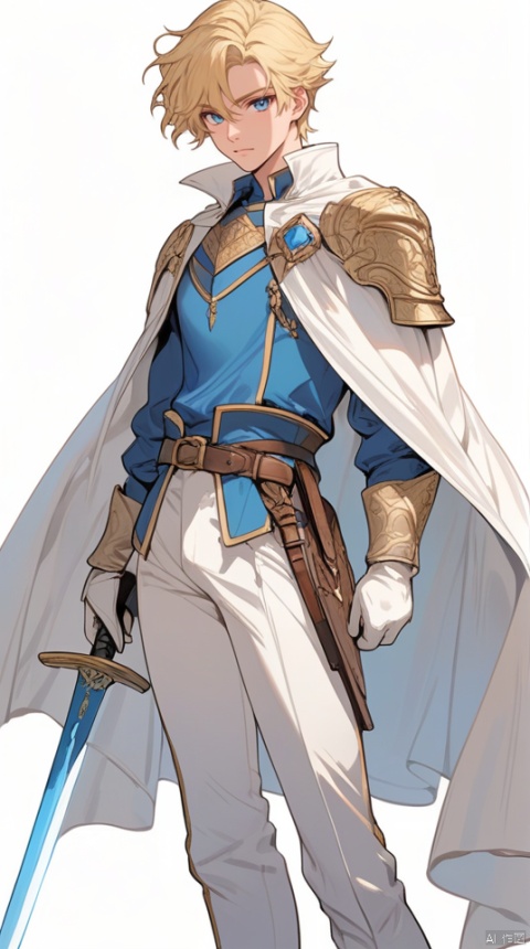  (best quality), ((masterpiece)), (highres), illustration, original, extremely detailed,jjj,1boy, male focus, blonde hair, blue eyes, solo, weapon, gloves, sword, looking at viewer, simple background, white gloves, white background, pants, cape, white pants, short hair, long sleeves, white cape