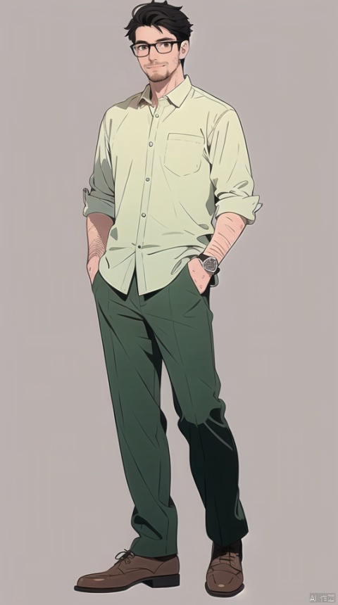 (best quality), ((masterpiece)), (highres), illustration, original, extremely detailed wallpaper.jjj, 1boy, male focus, solo, shirt, pants, glasses, full body, smile, facial hair, white background, watch, collared shirt, simple background, wristwatch, shoes, brown footwear, yellow shirt, hands in pockets, black hair, short hair, green pants, standing, green shirt, sleeves rolled up, brown shirt, stubble, brown eyes, pocket, black-framed eyewear