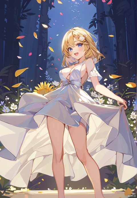  (best quality), ((masterpiece)), (highres), illustration, original, extremely detailed,kkk, 1girl, blonde hair, watson amelia, solo, blue eyes, virtual youtuber, breasts, hair ornament, dress, open mouth, smile, white dress, petals, bob cut, skirt hold, flower, monocle hair ornament, looking at viewer, jewelry, bangs, medium hair, cleavage, blush, medium breasts, standing