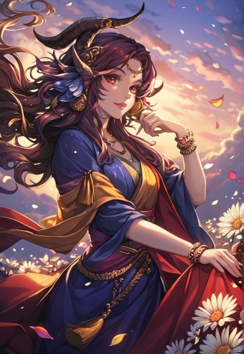  (best quality), ((masterpiece)), (highres), illustration, original, extremely detailed,yyy, 1girl, solo, flower, long hair, jewelry, bracelet, yellow eyes, looking at viewer, petals, sky, horns, hair ornament