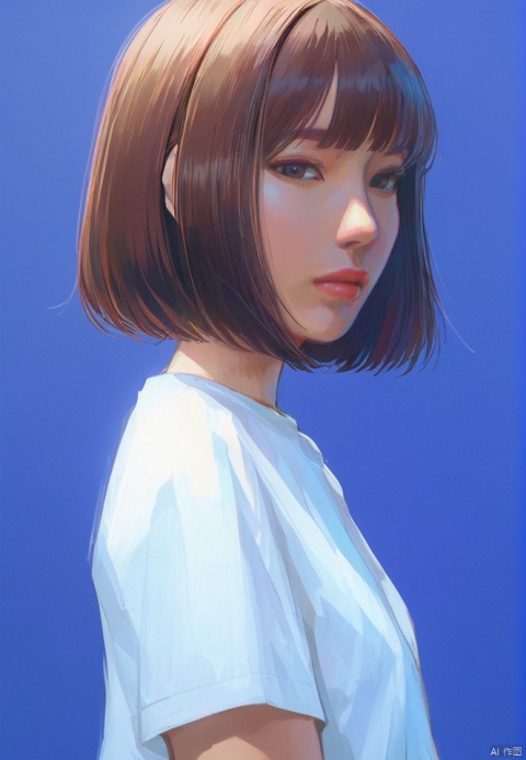  (best quality), ((masterpiece)), (highres), illustration, original, extremely detailed,1girl, solo, shirt, blue background, looking at viewer, white shirt, short hair, simple background, parted lips, brown hair, from side, bangs, upper body, bob cut, looking to the side, black eyes, short sleeves, lips