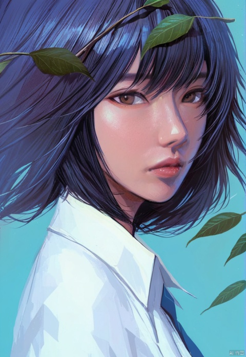  (best quality), ((masterpiece)), (highres), illustration, original, extremely detailed,1girl, solo, shirt, looking at viewer, white shirt, blue background, nose, black hair, collared shirt, wing collar, leaf, parted lips, lips, brown eyes, from side, closed mouth, portrait, medium hair, black eyes, looking to the side