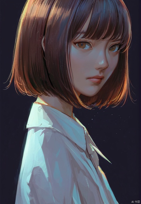 (best quality), ((masterpiece)), (highres), illustration, original, extremely detailed,1girl, solo, looking at viewer, shirt, from side, closed mouth, upper body, black background, short hair, white shirt, nose, brown eyes, collared shirt, looking to the side, bob cut, simple background, brown hair, wing collar, bangs