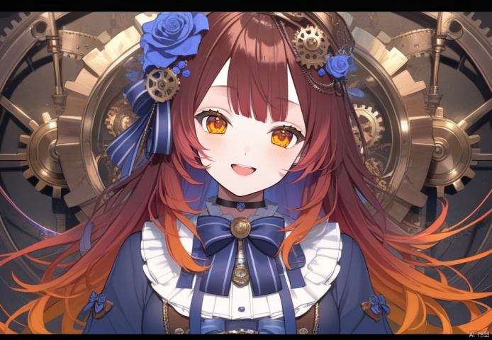  (best quality), ((masterpiece)), (highres), illustration, original, extremely detailed,1girl, virtual youtuber, solo, flower, hair flower, hair ornament, brown hair, long hair, roboco-san, gears, open mouth, looking at viewer, smile, letterboxed, bow, choker, long sleeves, multicolored hair, yellow eyes, rose, bangs, orange eyes, upper body, gradient hair