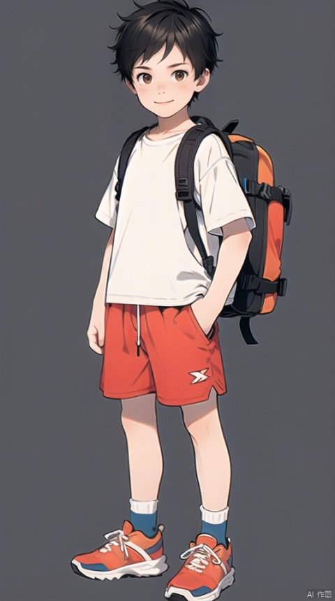 (best quality), ((masterpiece)), (highres), illustration, original, extremely detailed wallpaper.jjj, 1boy, male focus, backpack, bag, shorts, solo, simple background, sneakers, white background, looking at viewer, shoes, brown eyes, shirt, full body, male child, white shirt, red shorts, socks, standing, hand in pocket, short sleeves, black hair, short hair, closed mouth, orange shorts, smile