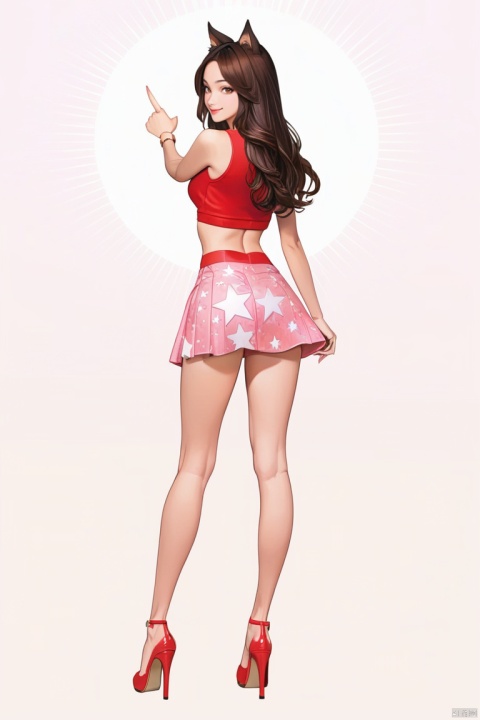 (best quality), ((masterpiece)), (highres), illustration, original, extremely detailed wallpaper.1girl, solo, skirt, high heels, long hair, white background, looking back, simple background, from behind, red footwear, midriff, smile, crop top, full body, looking at viewer, pink skirt, sleeveless, star \(symbol\), brown eyes, miniskirt, animal ears, standing, star print, brown hair, black hair, pointing