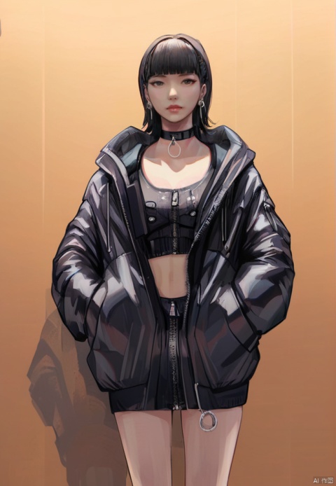  (best quality), ((masterpiece)), (highres), illustration, original, extremely detailed,1girl, solo, hands in pockets, jewelry, earrings, looking at viewer, jacket, black hair, bangs, choker, blunt bangs, short hair, black jacket, black choker, zipper