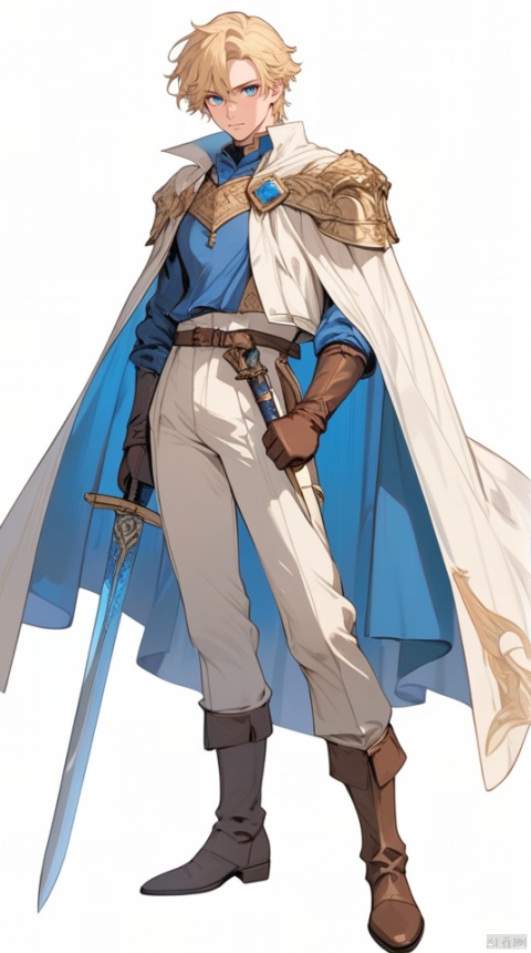  (best quality), ((masterpiece)), (highres), illustration, original, extremely detailed,jjj,1boy, male focus, blonde hair, blue eyes, solo, weapon, gloves, sword, looking at viewer, simple background, white gloves, white background, pants, cape, white pants, short hair, long sleeves, white cape