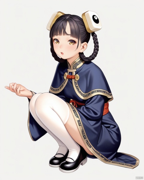  (best quality), ((masterpiece)), (highres), illustration, original, extremely detailed, 1girl, solo, squatting, braid, long sleeves, looking at viewer, full body, white background, black hair, chinese clothes, bangs, twin braids, simple background, hair ornament, white thighhighs, blush, from side, sleeves past wrists, thighhighs, raised eyebrows, wide sleeves, shoes, mahjong tile, hair rings, yin yang, mahjong, black footwear, capelet, dress, breasts, :o, open mouth, turtleneck, short hair, parted lips, swept bangs