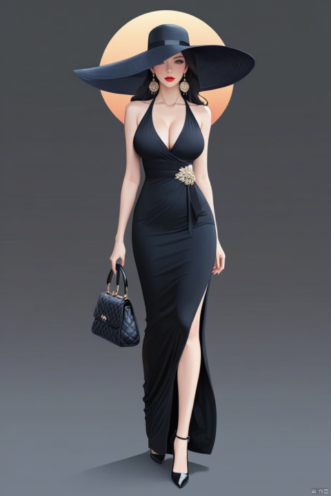(best quality), ((masterpiece)), (highres), illustration, original, extremely detailed wallpaper.1girl, breasts, solo, hat, earrings, jewelry, black hair, handbag, dress, bag, cleavage, high heels, black dress, large breasts, sleeveless, long hair, full body, makeup, standing, lipstick, red lips, gradient background, gradient, sun hat, black headwear, looking at viewer, collarbone, bare shoulders, one eye covered, sleeveless dress, grey background