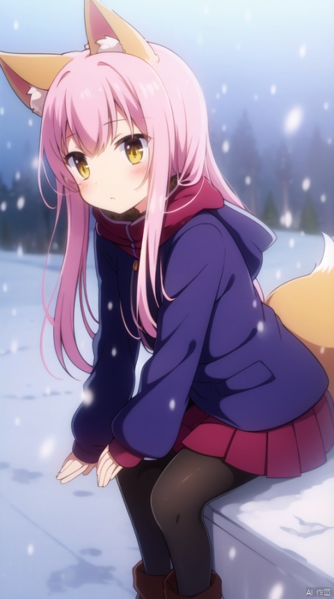 (best quality), ((masterpiece)), (highres), illustration, original, extremely detailed wallpaper.1girl, solo, animal ears, pantyhose, tail, coat, snow, yellow eyes, pink hair, skirt, sitting, long hair, black pantyhose, blush, mittens, snowing, boots, hood, winter clothes, fur trim, red skirt, pleated skirt, winter coat, hood down, fox tail, fox ears