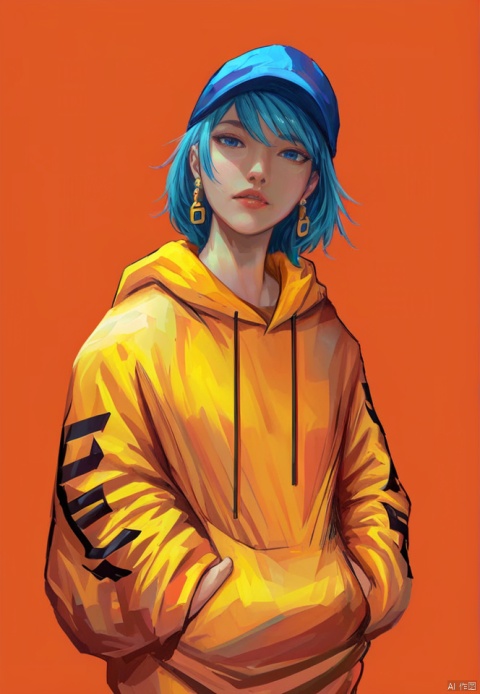  (best quality), ((masterpiece)), (highres), illustration, original, extremely detailed,1girl, solo, hood, hoodie, earrings, hat, hood down, jewelry, red background, simple background, hands in pockets, drawstring, looking at viewer, parted lips, blue eyes, yellow hoodie, short hair, aqua hair, orange background, upper body, long sleeves, blue hair