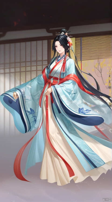  (best quality), ((masterpiece)), (highres), illustration, original, extremely detailed,yuan, 1girl, chinese clothes, solo, hanfu, long hair, white background, black hair, full body, long sleeves, simple background, dress, hair ornament