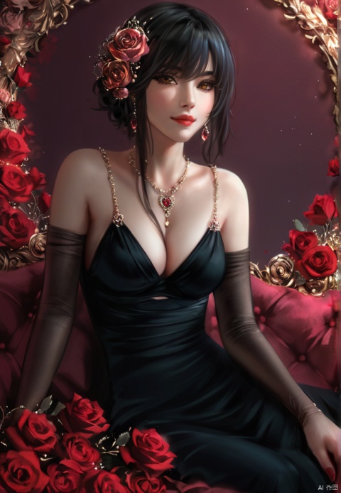  (best quality), ((masterpiece)), (highres), illustration, original, extremely detailed,lll, 1girl, breasts, dress, jewelry, flower, rose, yor briar, black dress, solo, red eyes, black hair, earrings, necklace, cleavage, gloves, hair flower, hair ornament, elbow gloves, mole, red lips, red rose, red flower, mole on breast, parted lips, medium breasts, gold earrings, bare shoulders, short hair with long locks, sidelocks, looking at viewer, sitting