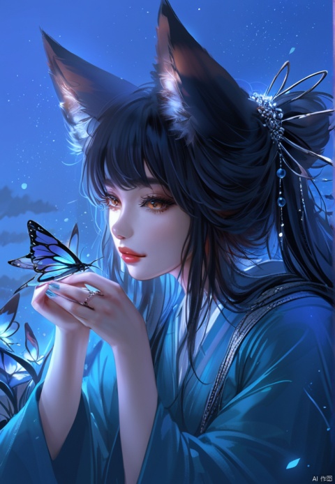  (best quality), ((masterpiece)), (highres), illustration, original, extremely detailed,lll, 1girl, bug, butterfly, animal ears, solo, black hair, fox ears, mole, butterfly on hand, mole under mouth, long hair, blue butterfly, hair ornament, bangs, lips, glowing butterfly, black eyes, sky, nail polish, parted lips, japanese clothes, eyelashes, animal ear fluff, upper body, fingernails, blue background