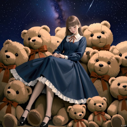  (best quality), ((masterpiece)), (highres), illustration, original, extremely detailed,  1girl, stuffed animal, stuffed toy, dress, teddy bear, closed eyes, long hair, solo, black footwear, bangs, blue dress, brown hair, long sleeves, bow, shoes, sky, star \(sky\), night, closed mouth