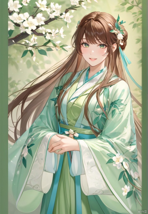  (best quality), ((masterpiece)), (highres), illustration, original, extremely detailed,yuan1girl, branch, long hair, solo, green dress, flower, brown hair, dress, hair ornament, chinese clothes, upper body, teeth, long sleeves, green background, looking at viewer